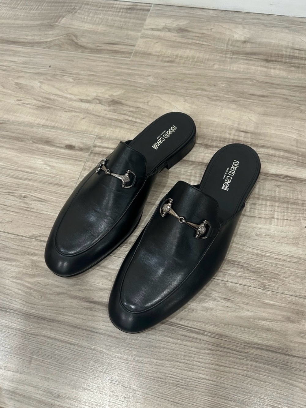Final Sale Roberto Cavalli Black Leather Slip-On Horsebit Loafers